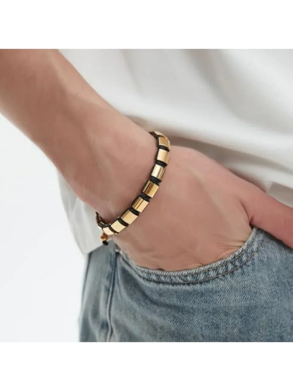 Men's Adjustable 18K Gold Plated Chain Link Bracelet with Beads - Stylish